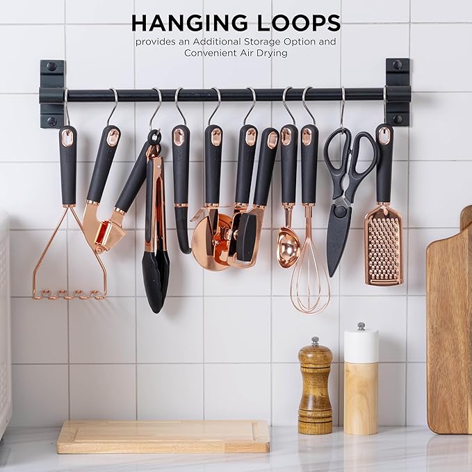COOK WITH COLOR Kitchen Gadget Set Copper Plated Stainless Steel Utensils with Soft Touch Handles, Copper Black, 10 Pieces