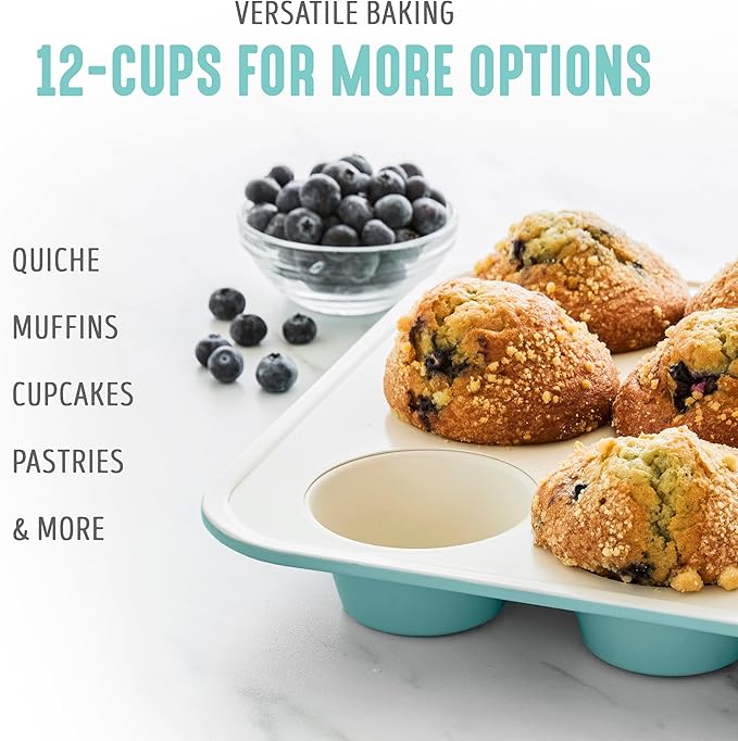 GreenLife 12-Cup Muffin Pan,PFAS-Free Healthy Nonstick Baking Tray,11.4" x 1.9" x 15.9",Durable Ceramic Bakeware,Cupcakes,Egg Bites,Tarts,Brownies,Turquoise,(Pack of 6)