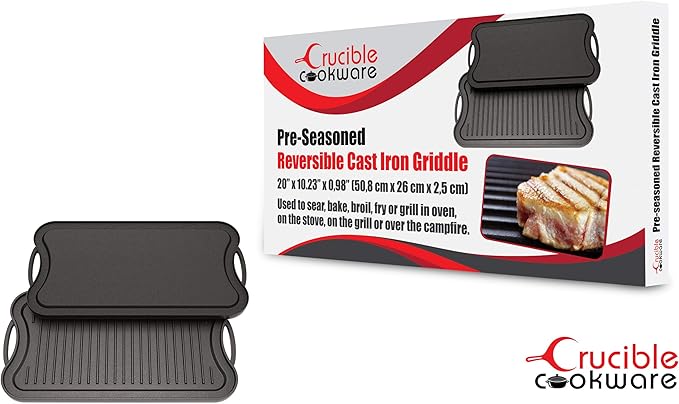 Cast Iron Griddle (20" by 10"), Reversible, Pre-Seasoned, Grill and Griddle Combo Pan, BBQ, Campfire, fits over two stovetop burners