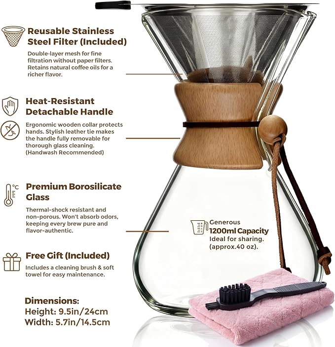 AGOGO Pour Over Coffee Maker Glass - Barista Kit with 304 Stainless Filter for Home, Office, Camping, Cafes - Easy Clean Coffee Dripper Set (Soft Towel&Brush) (40oz Classic w/SS Filter)