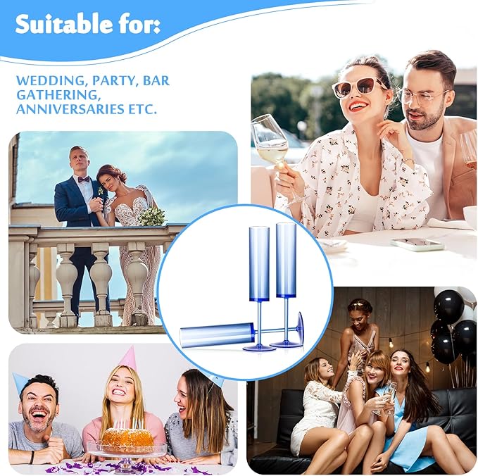 24 PCS Sapphire Blue Plastic Champagne Flutes 5.4 OZ Clear Acrylic Champagne Flutes Sparkling Wine GlassesLong Stem Crystal Champagne Glasses For Wedding Baby Shower Anniversary Birthday