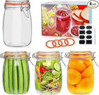 Encheng 32 oz Wide Mouth Mason Jars with Airtight Hinged Lids, Large Glass Jar with Lid for Pickling, Fermentation, Canning, Food Storage – Set of 4 Glass Storage Containers