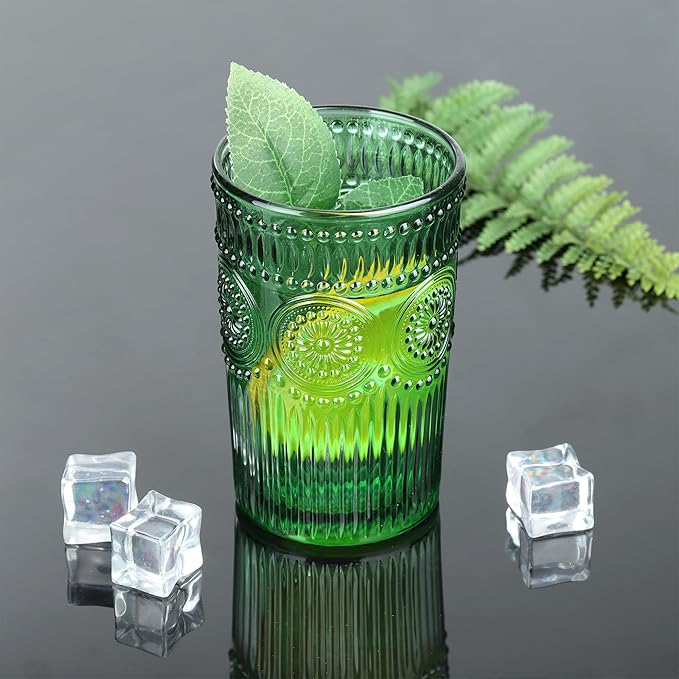 Joeyan Green Vintage Drinking Glasses,Embossed Ribbed Water Glass Cups,Colored Sunflower Patterned Highball,Beaded Tumblers Glassware Set for Beverages Juice,12 oz,Set of 4,Dishwasher Safe