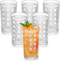 Vintage Hexagon Gemstone Pattern Drinking Glasses Set of 6, 14 oz Embossed Tall Water Glasses, Clear Thick Glass Cups for Juice, Iced Coffee, Beer, Home & Party Use