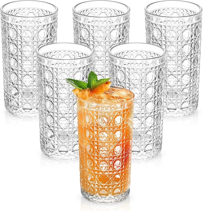 Vintage Hexagon Gemstone Pattern Drinking Glasses Set of 6, 14 oz Embossed Tall Water Glasses, Clear Thick Glass Cups for Juice, Iced Coffee, Beer, Home & Party Use