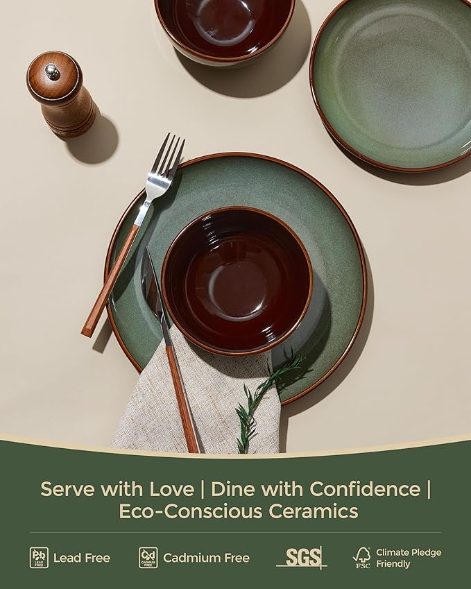 Pokini 36 Piece Stoneware Dinnerware Sets, Ceramic Plates and Bowls Set, Microwave & Dishwasher Safe Kitchen Dish Set, Modern Dinner Salad Plates | Cereal Bowls for 12, Dishware Sets Sage Green