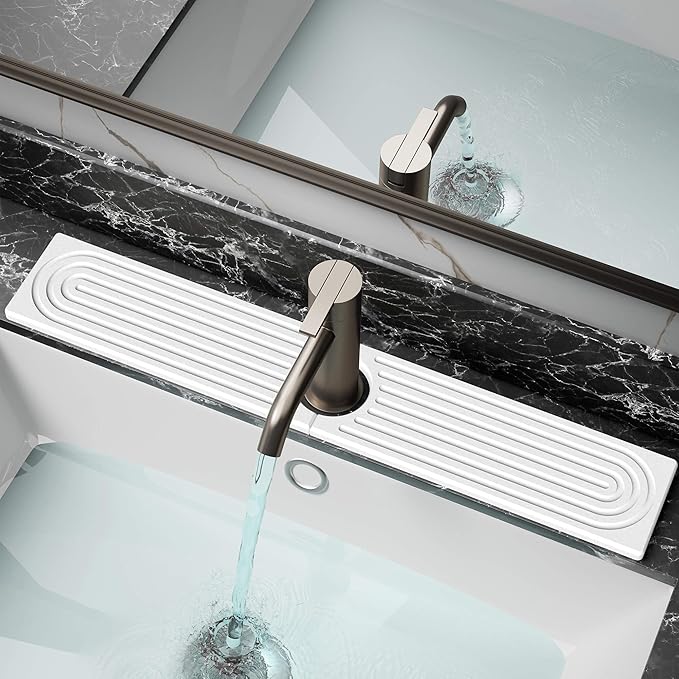 DK177 Diatomite Fast Drying Faucet Mat for Kitchen Sink, Water Absorbing Stone Tray, Faucet Splash Guard for Bathroom Counter, White, 23.6" x 4"