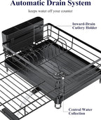 Kitsure Extendable Dish Drying Rack - Rust-Resistant Dish Racks for Kitchen Counter with Adjustable Support Legs, Cutlery Holder & Removable Draining Tray (Black, 15.6''-25.2''L × 16.9''W × 8.1''H)