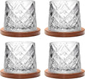 Rotatable Old Fashioned Glass, 275ml/10oz Crystal Whiskey Glass Set of 4, Wood Coaster, Thickening, Used as Rum Glass, Cocktail Cup, Coffee Cup, Milk Cup to Relax and Reduce Stress, Christmas gifts