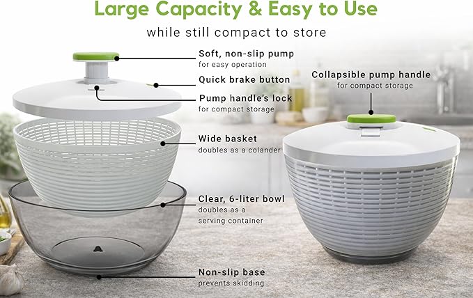 Brieftons 6.2-Quart Large Salad Spinner: Vegetable Washer Dryer Drainer Strainer with Bowl & Colander, Easy One-Handed Pump, Compact Storage, for Washing, Cleaning & Drying Greens, Vegetables, Fruits