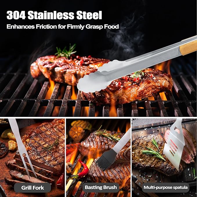 Dad Gifts from Daughter Son, Dad Grilling Birthday Gift Heavy Duty Wooden BBQ Grilling Accessories Kit for Backyard, Thick Stainless Steel Grill Utensils with Non-Slip Handle Tools in Portable Bag