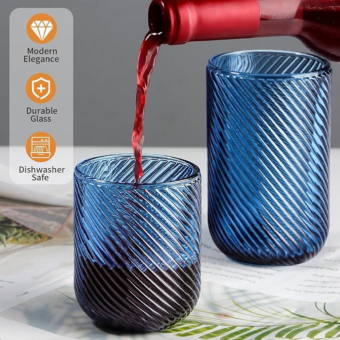 Set of 8 Ribbed Glassware,4 Highball Glasses 14oz & 4 Rocks Drinking Glasses 9oz, Origami Style, Fluted Design, for Milk, Water, Cocktail, Juice, Beer, ToothBrush Cup, Gif (Leaning Blue)