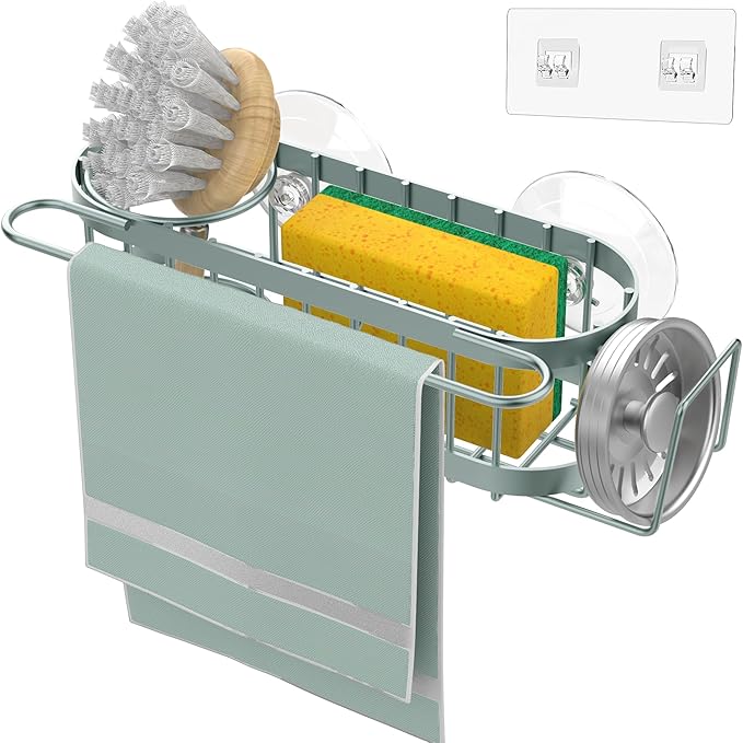 Cisily Sage Green Kitchen Sink Caddy Sponge Holder in the Sink, Stainless Steel Kitchen Organizer, Brush Holder, Dish Cloth Hanger 2 Installation Ways (Suction & Adhesives