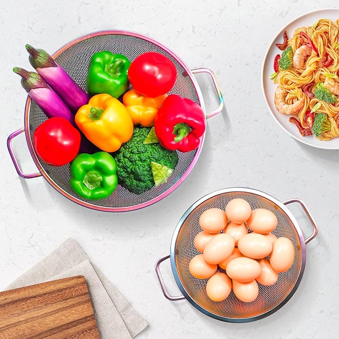 2PCS Rainbow Strainer for Kitchen, 3QT and 5QT, Stainless Steel Colander with Handle for Fruits Vegetables Cooking Food, Dishwasher Safe