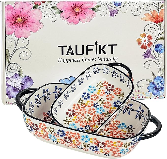 Ceramic Casserole Dishes for Oven, Hand-painted Polish Pottery Baking Dish Set of 2, 0.8QT / 2QT Porcelain Casserole Dish with Handles, Baking Pan Lasagna Pan, Gift for Family/Friend (Yellow)
