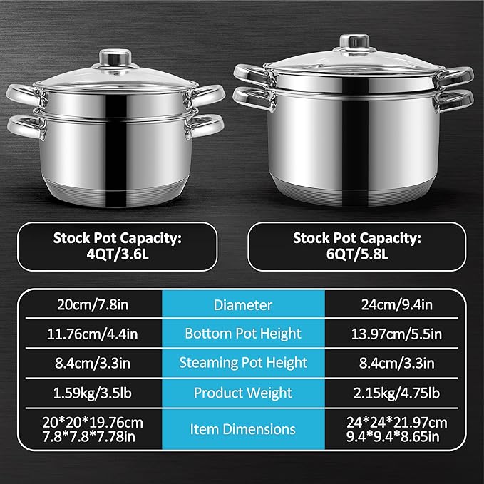 4 QT Stainless Steel Cookware Set, 3-Piece Multipurpose Stock Pot with Steamer Pot and Tempered Glass Lid, Stainless Steel Handle, Work with Gas Electric Induction Stove