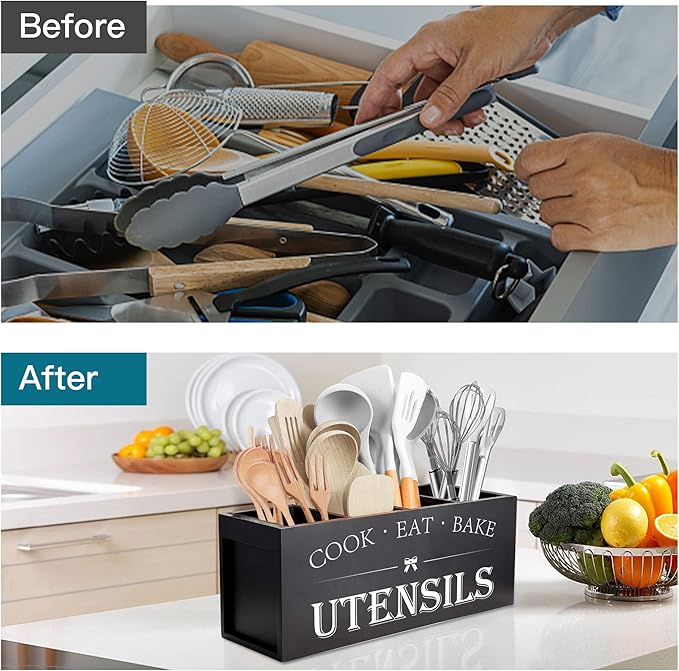 Suli Extra Large Kitchen Utensils Holder with 4 Compartments, Wooden Utensil Organizer for Kitchen Countertop, Farmhouse Kitchen Decor, Rustic Cooking Utensil - Black
