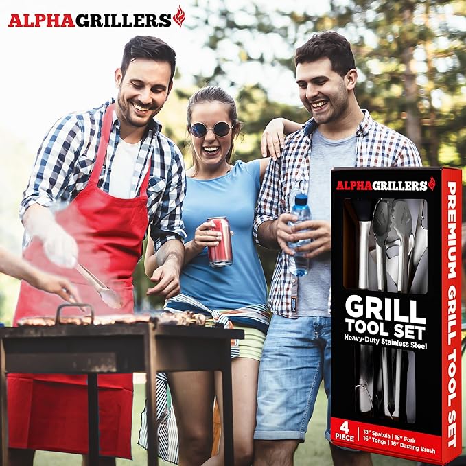 Alpha Grillers Grilling Accessories - Grilling Gifts for Men - BBQ Accessories Grill Tools Set with Spatula, Fork, Brush & Tongs - Outdoor Barbecue Utensils Gifts for Men Dad Him Boyfriend