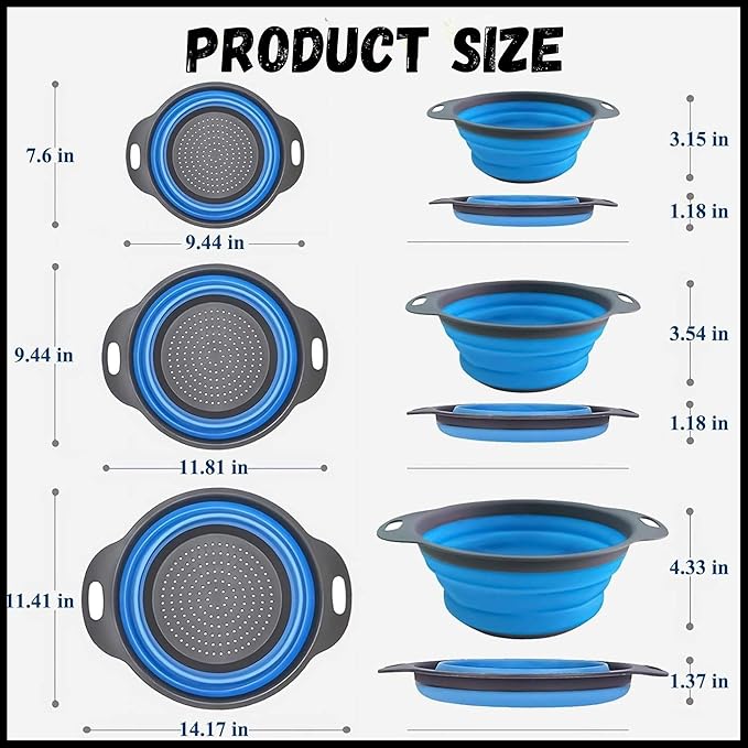 Collapsible Colander 3-Pack Set, Collapsible Strainers for Kitchen, Foldable Space-Saving Colander Strainer Set, Pasta Strainer for Vegetables & Fruits, Durable Non-Slip Strainers and Colanders (Blue)
