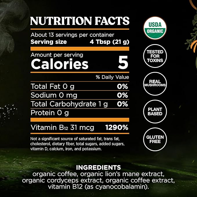 Four Sigmatic Focus Max High Caffeine Cordyceps Coffee | Organic Dark Roast High Caffeine Ground Coffee with Cordyceps, Lion's Mane and B12 | Energy Booster Without the Jitters | 10oz Bag