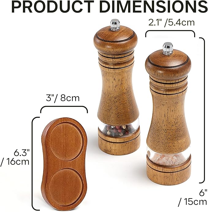 Wooden Salt and Pepper Grinder Set, Premium Oak Wood Salt Grinders Shakers, Pepper Mill with Acrylic Clear Window, Adjustable Ceramic Grinder (6″ - 2 Packs with Tray)