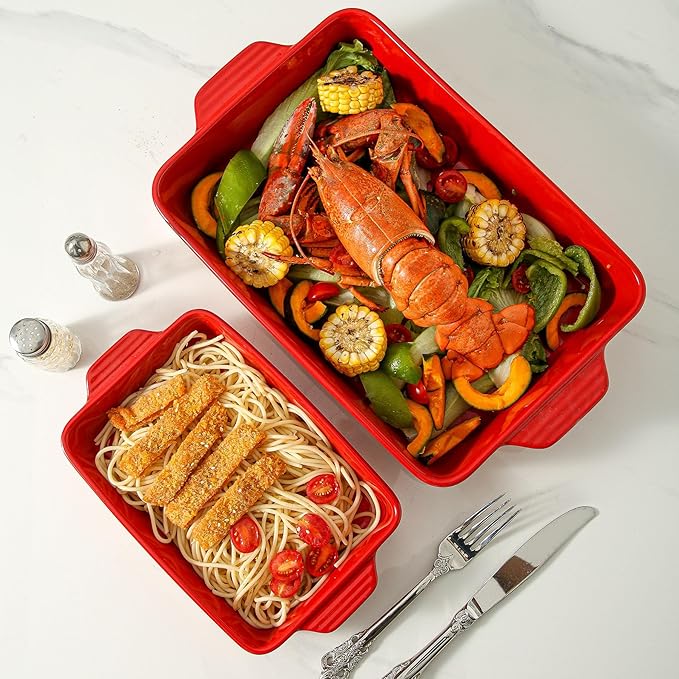 Ceramic Baking Casserole Dish with Handles, Large 9x13 inch Pan and Middle Baking Pan - Porcelain Serving Bakeware Set (Vintage Red)