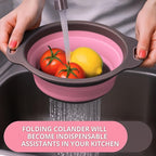 Pink Round Silicone Collapsible Colander – Small Silicone Round Kitchen Strainers with Plastic Handles Foldable Kitchen Strainer Perfect for Draining Pasta Vegetable and Fruit