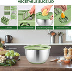 SUSTEAS Stainless Steel Salad Spinner Large, Vegetables Wash Bowl, Fruits & Herb Lettuce Dryer with 5 Blade Slicer Egg Yolk Strainer Shredder for Efficient Salad Preparation and Food Washing, 4.25Qt
