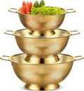 Bokon 3 Pcs Stainless Steel Colander Set Colander Bowl and Sieves 1/3/5 Quart Metal Mesh Strainer Net Basket with Handles Food Spaghetti Strainer for Kitchen Draining Pasta Rinsing(Gold)