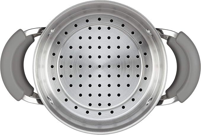Rachael Ray Brights Sauce Pot/Saucepot with Steamer Insert, 3 Quart, Two-Tone Sea Salt Gray