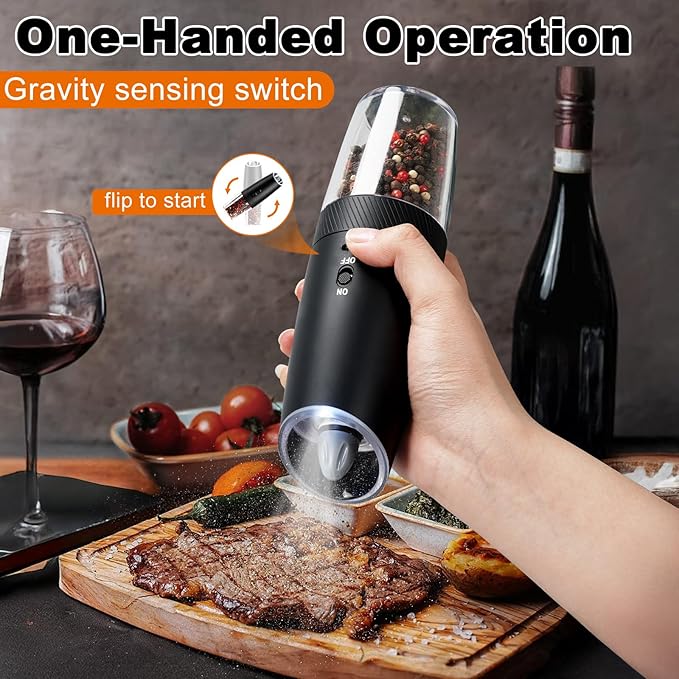 Salt and Pepper Grinder Set Rechargeable, Automatic Electric Pepper and Salt Mill Shaker with Adjustable Coarseness, LED Light, One-Hand Operation Gravity Spice Grinder Kitchen Gadgets, 2 PCS