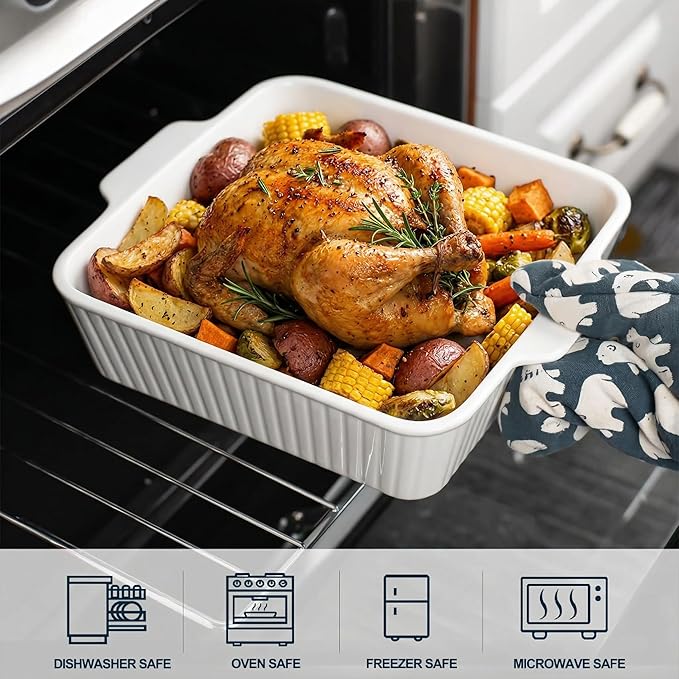 10" Square Ceramic Casserole Dish Set of 2-2.6 Qt Deep Baking Dishes with Handles for Oven, Lasagna Pan for Casseroles Cake Bread, Microwave Dishwasher Safe Bakeware Set, White