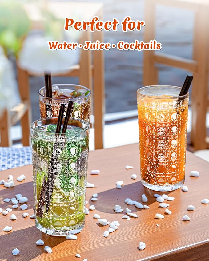 Vintage Hexagon Gemstone Pattern Drinking Glasses Set of 6, 14 oz Embossed Tall Water Glasses, Clear Thick Glass Cups for Juice, Iced Coffee, Beer, Home & Party Use