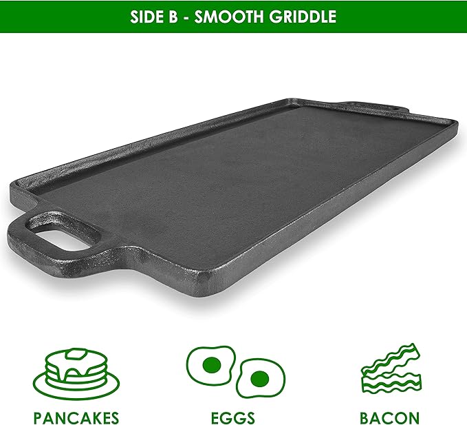 ProSource 2-in-1 Reversible 19.5” x 9” Cast Iron Griddle with Handles, Preseasoned & Non-Stick for Gas Stovetop, Oven and Open Fire.