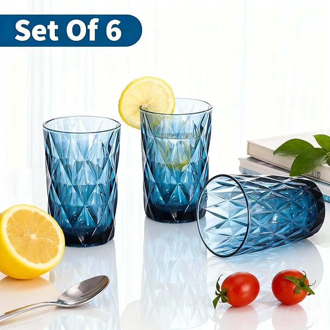 Bandesun Drinking Glass set of 6 Modern Glassware Diamond Pattern Tumbler Cup（12 OZ），for Water，Cocktail，Milk，Juice and Beverage