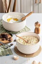 Mikiegy Ceramic Mixing Bowls Set of 2, Nesting Ceramic Embossment Stoneware Mixing Bowls for Cooking, Serving, Popcorn, Salad etc, Microwave & Dishwasher Safe, 98/145 oz, Off-White