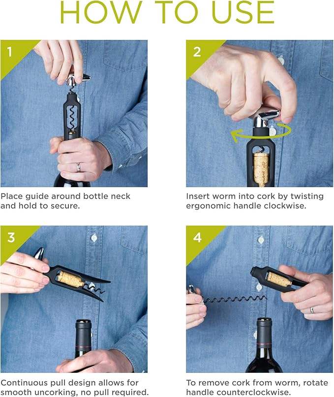 True Self Pulling Corkscrew Wine Opener, Durable Plastic with Easy Turn Chrome Handle, Wine Bottle Opener for Bartenders, Home Bar Tools, Bar Cart Accessories, Kitchen Essentials, Set of 1, Black