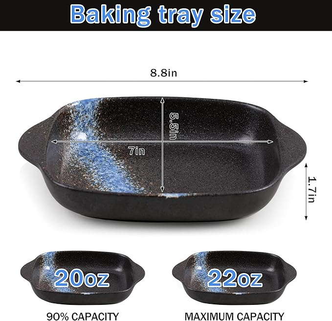 2-Pack Ceramic Au Gratin Baking Dishes with Handles, 8.7" Rectangular Small Casserole Dishes for Oven, Black Blue Glaze Mini Baking Dish Set, 16 oz Individual Serving Bakeware