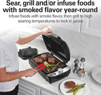 Hamilton Beach Electric Indoor Grill with Hot and Cold Smoke Infuser, 150°F - 450°F Temperature Control For Searing, Vented Hood and Fan, 116 Sq. In. Non-Stick Cooking Surface, Black (25375)