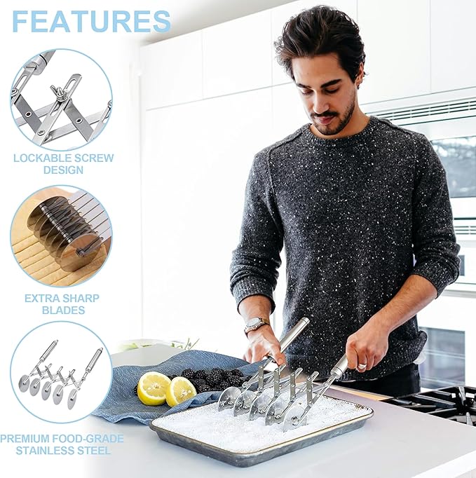 5-Wheel Professional Pastry Cutter - Stainless Steel Pizza & Dough Tool, Multi-Use Kitchen Utensil for Baking, Lattice Cutting, Cookie Dividing - Heavy Duty Pastry Wheel with Ergonomic Handle