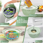 4-1 Colander with Fruit Bowl Set - Colander for Kitchen, Rotatable Strainers and Colanders(Patented), Pasta Strainer with New Upgraded Graters for Fruit, Veggie, Aesthetic Kitchen Essentials - Green
