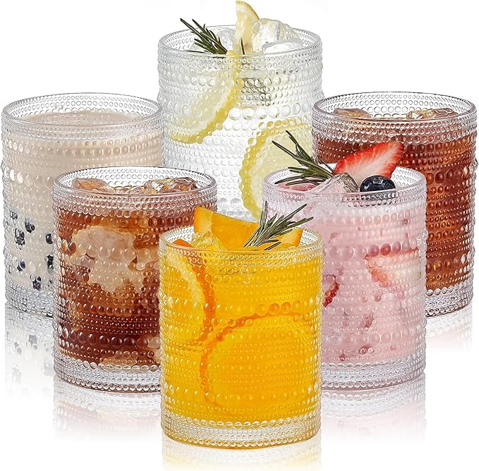 HomeVogue Hobnail Drinking Glasses Set of 6,12 oz Vintage Glassware Set Cocktail Glass Set, Embossed Clear Water Tumbler,for Beer, Whiskey,Juice and Various Mixed Drinks (12oz Clear)