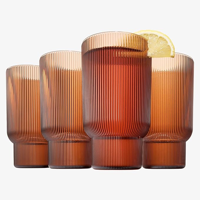 Shatterproof Acrylic Tall Drinking Glasses Set, European Style, Dishwasher Safe, Ribbed | Set of 4 | Fluted Tritan, Unbreakable BPA-free Plastic, Reusable Stackable Glassware 14.5oz - Burnt Orange