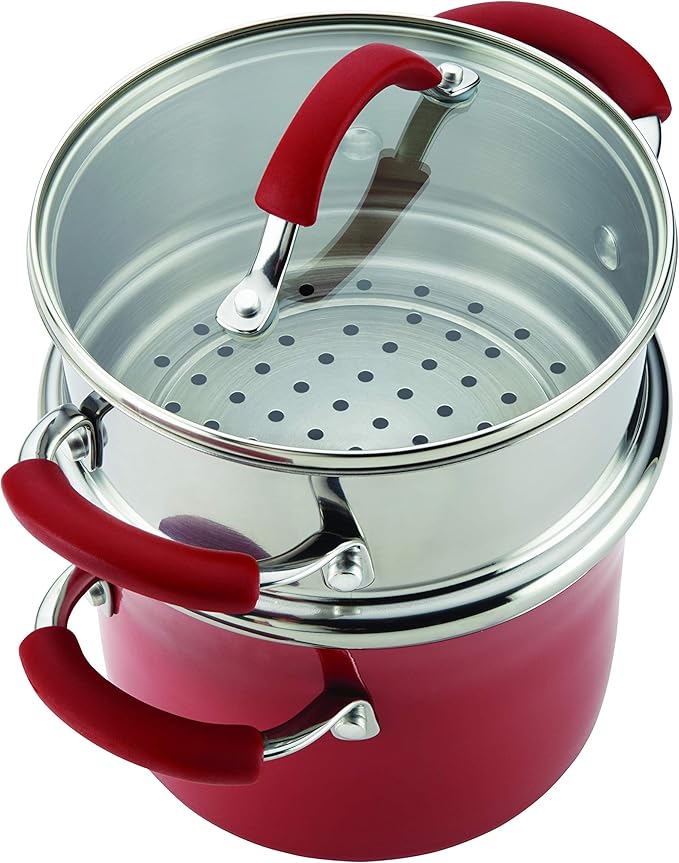 Rachael Ray Cucina Hard Porcelain Enamel Nonstick Multi-Pot / Steamer Set, 3-Quart, Cranberry Red - 16800