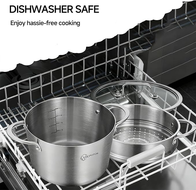 LOLYKITCH 5 Quart Stainless Steel Steamer Pot with Glass Lid, 3-Ply Steaming Pot for Cooking, 2 Tier Induction Steamer Pot for Tamales Seafood Vegetables Dumplings Stock Pot, Thick