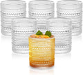 Vintage Dot-Pattern Drinking Glasses Set of 6 – 14.5 oz Clear Short Glass Cups – Embossed Textured Glassware with Anti-Slip Grip, Water Juice Soda Cocktail Tumblers – Thick Glass, Dishwasher Safe