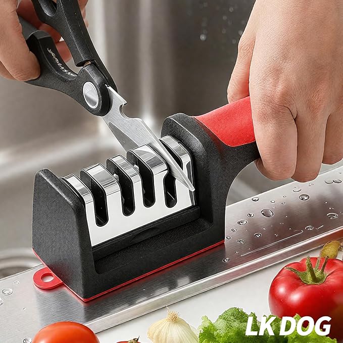 4-in-1 Kitchen Knife Sharpener, Professional Grade with Tungsten Steel and Ceramic Slots, Scissor Sharpening, Black/Red