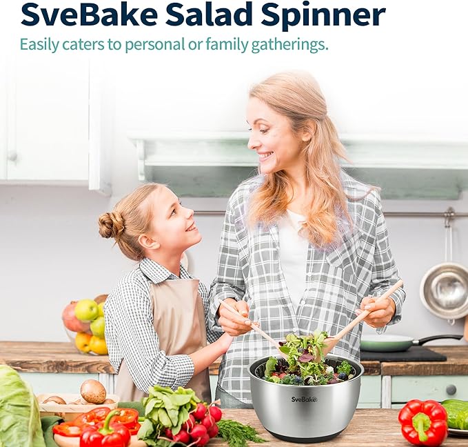 Stainless Steel Salad Spinner, 4.8 Qt Vegetable Washer, BPA-Free Lettuce Dryer with Crank Design, Dishwasher Safe, Non-Slip Base - Transparent Lid