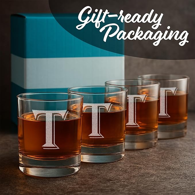 On The Rox (T-Monogram)- 4 Piece Set of 11 Ounce Engraved Heavy Base Rocks Glasses Elegant Glass-Multi-Purpose Beverage-Rocks Glass- Gift for any Occasion