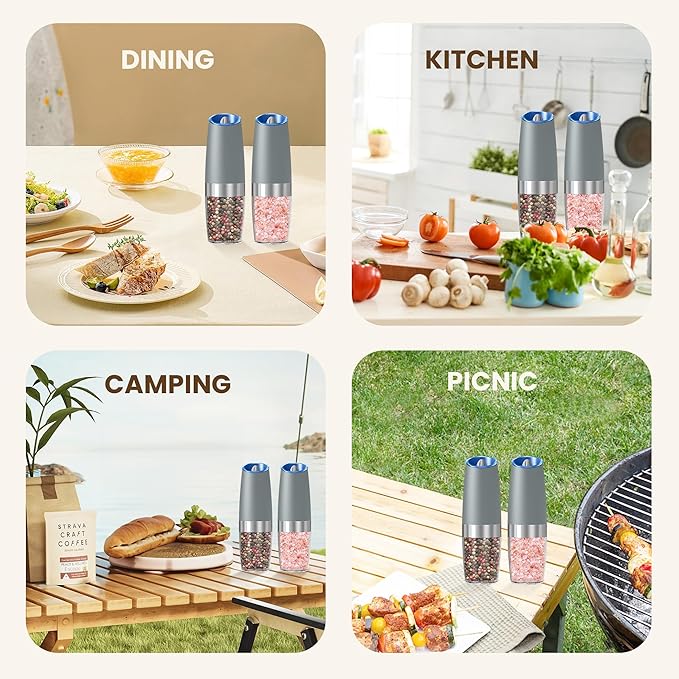 Gravity Electric Salt And Pepper Grinder Set, Automatic Salt And Pepper Grinder Set, Battery Powered (6 AAA Batteries Each), Adjustable Roughness, LED Light, 2 Pack, (Light Grey)